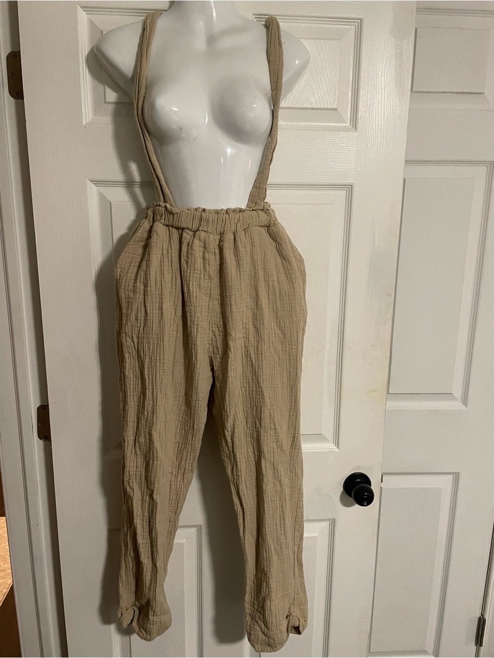 Mable Beige Boho Style Suspender Cotton-Blend Pants for Women Size S